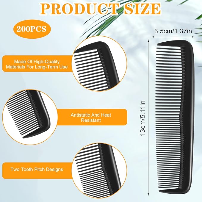 JIEYAO 200 Pcs Black Pocket Combs Bulk, 5 Inch Wide & Fine Teeth Cutting Hair Comb Plastic Travel Anti Static Comb Set for Men Women Grooming Accessories Men's Beard