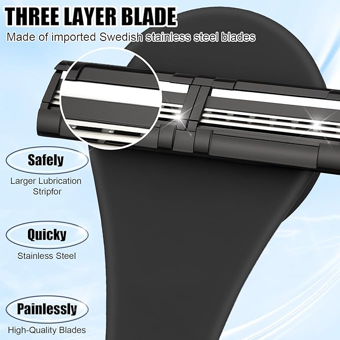 2 in 1 Back Shaver & Massage Cleaning Brush with Bendable Handle, Manual Stainless Steel Razor for Back & Body Hair Removal, Portable Wet Dry Body Groomer with 8 Pcs Replaceable Blades-Black