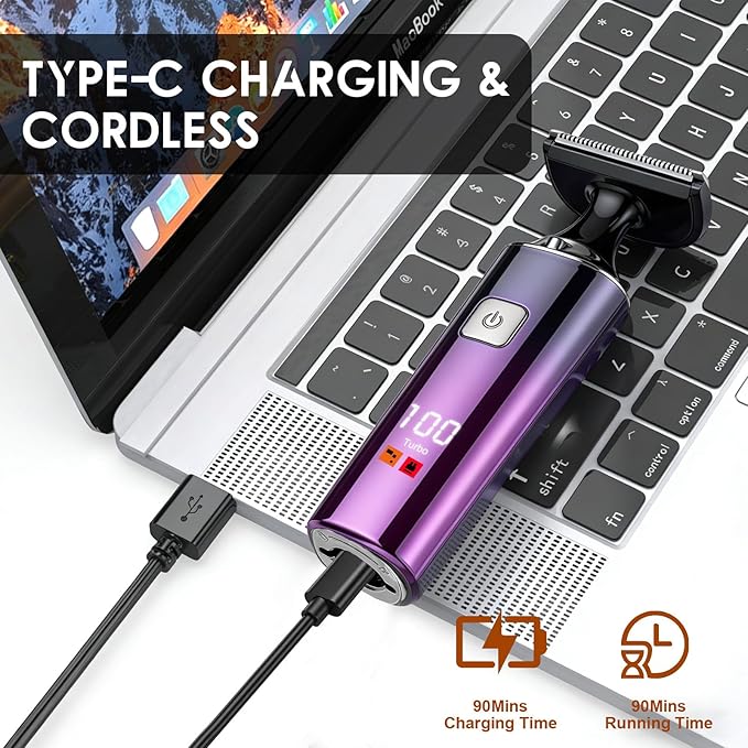 Back Shaver for Men, LED Display, 5 in 1 Mens Back Shaver Rechargeable with Long Handle, Safety Lock, IPX7, Multi-Functional Back Trimmer for Men,(Purple)