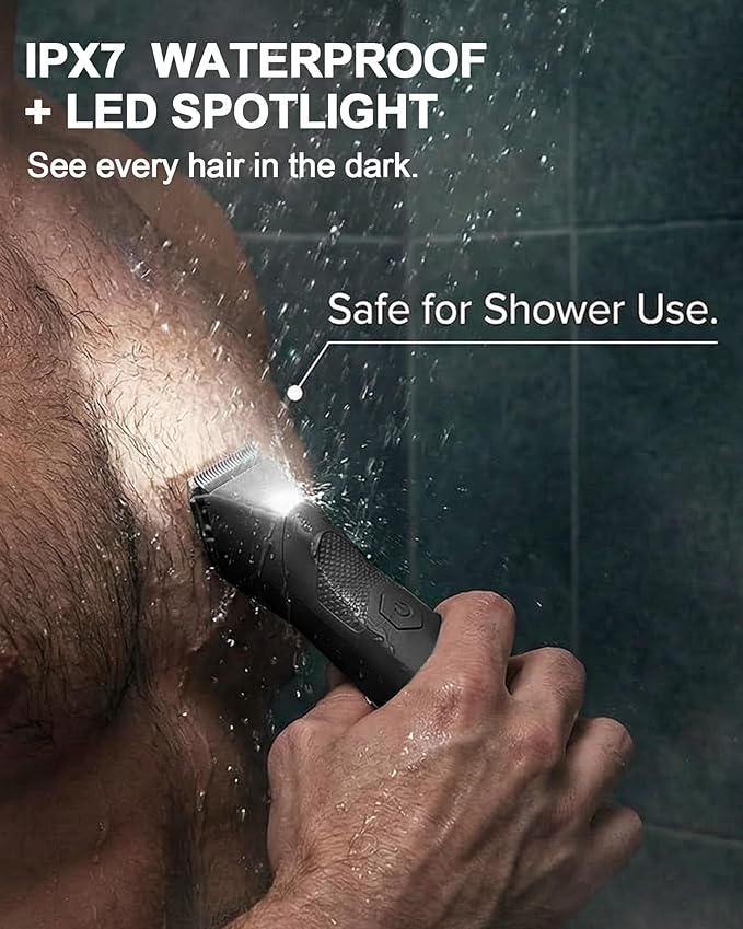Body Trimmer for Men - Groin & Ball Shaver with Charging Dock - Constant Power No-Pull Electric Pubic Hair Clipper - 5-in-1 Guard Waterproof Body Groomer with LED Light