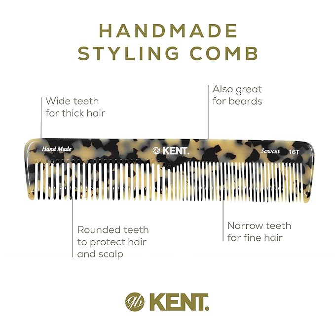 Kent 16T TW Fine and Wide Tooth for Daily Grooming,Handmade Styling Comb for All Hair Types,Wet or Dry Hair Detangling Comb for Men and Women,Saw Cut Hand Polished,Made in England