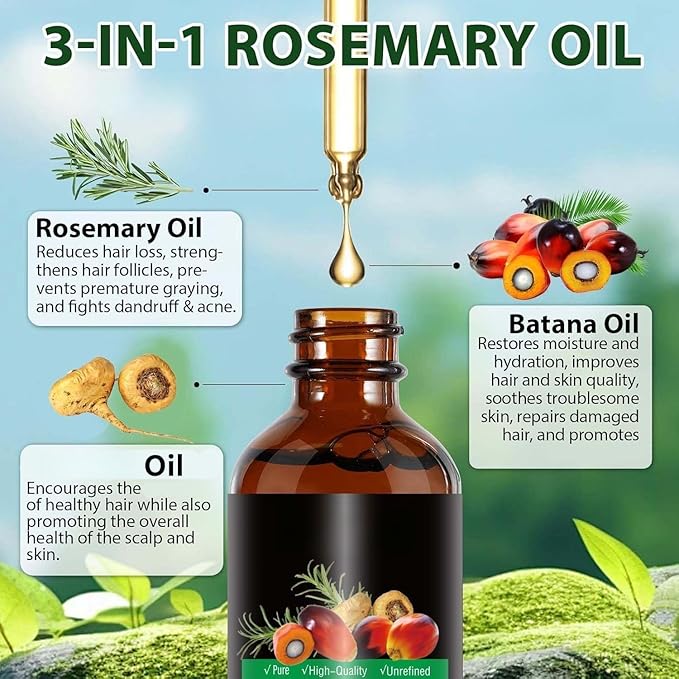 Batana Oil & Rosemary Hair Growth Treatment - Reduces Hair Loss & Stimulates Follicles, Scalp with Argan Oil - Women Men (1 Pcs)