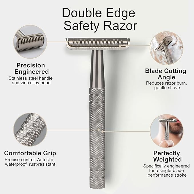 Stainless Steel Safety Razor, Single Blade Razors for Men, with 10 Double Edge Blades, Long and Heavy Duty Handle, Smooth Close Gentle Shave, Silver
