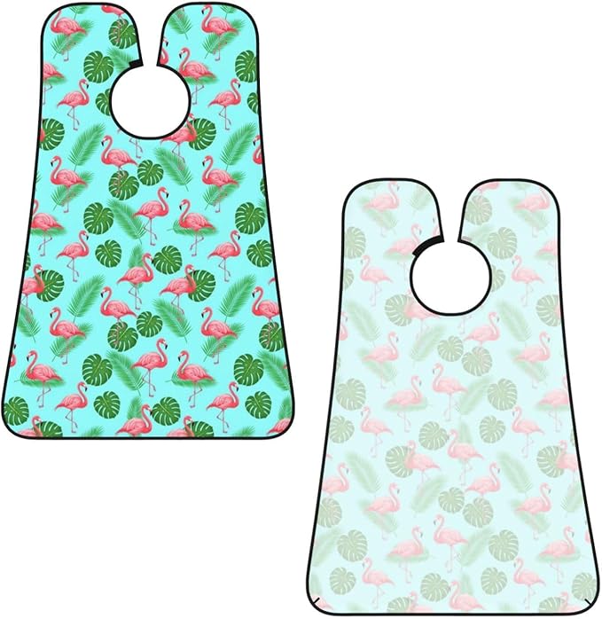 Waterproof Grooming Apron, Non-Stick Beard Bib with Suction Cups, for Green Tropical Palm Banana Leaves Lovely Exotic Bird Pink Flamingo