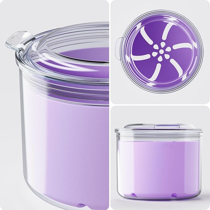 Denture Bath Cup with Cleaning Brush, Large Soaking Container with Strainer Basket for False Teeth & Night Guard, Oral Care Storage Holder for Home Use, Purple