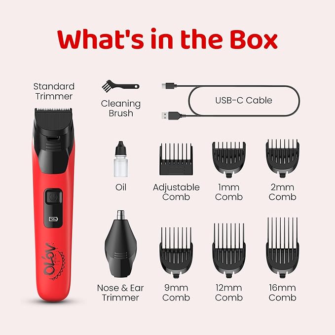 Electric Beard Trimmer for Men,Nose Hair Trimmer & Electric Razor 10-in-1 Grooming Kit Cordless Shaver Gift-Ready for Men(Red)