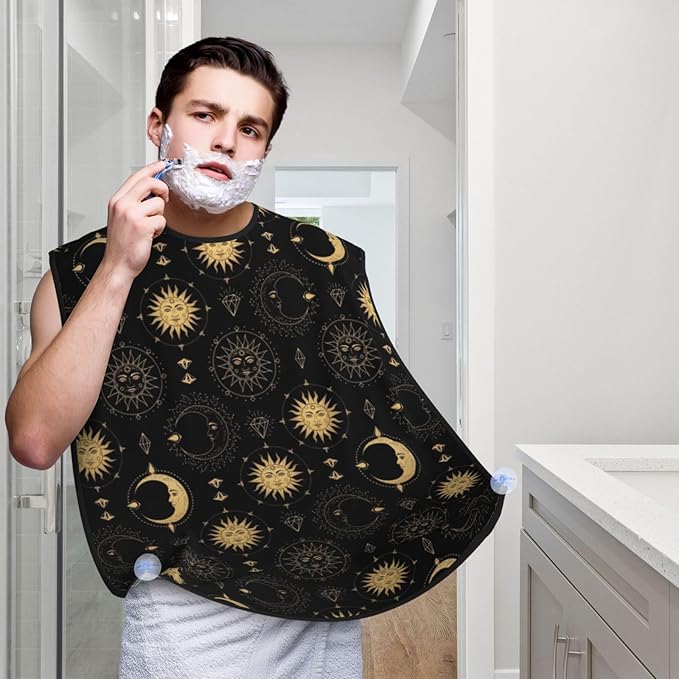 Stretchable Beard Cape, Non-Stick Hair Catcher for Trimming, Waterproof Grooming Apron, Sun Moon Star Gold Black