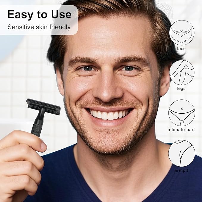 Matte Black Safety Razor, Single Blade Razors for Men, with 10 Platinum Coated Stainless Steel Double Edge Safety Razor Blades, Smooth & Close Shave, Plastic Free, Sustainable