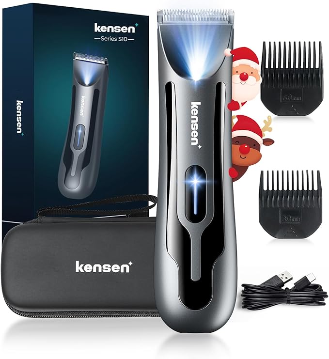 kensen Body Hair Trimmer for Men - Groin & Pubic Hair Trimmer with Ceramic Blades, Manscape Body Shaver for Men with LED Light Ball Shaver IPX7 Waterproof Wet/Dry Rechargeable Body Trimmer Mens Gift
