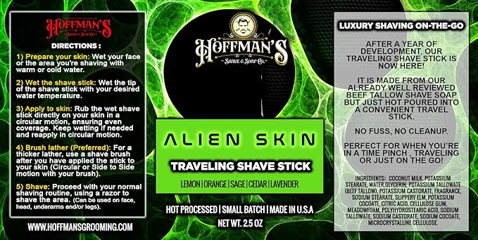 Hoffman's Alien Skin Traveling Shave Stick, Beef Tallow Soap, Lemon Orange Sage Cedar Lavender Scent, 2.5 Oz, Luxury On-The-Go, Small Batch, Made in USA