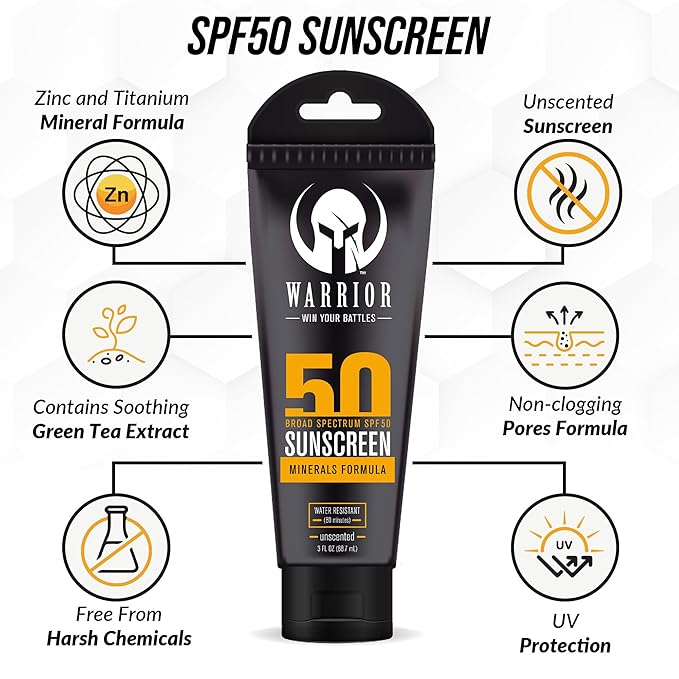 WARRIOR - WIN YOUR BATTLES - SPF 50 Sunscreen Lotion - 80 Minutes Water Resistant | Burn Relief Gel for Skin Made in USA Aloe with Aloe Vera Gel with Lidocaine 4% | 3 Fl Oz - Pack of 2 and 4 FL OZ