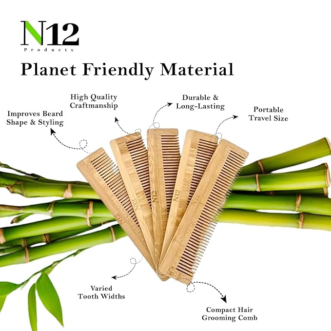 5 Bamboo Wood Pocket Beard Comb Set of 5, 100% Natural wooden combs for Beard, Hair, Mustache, Men & Women, Travel-Friendly, Eco-Friendly Grooming Solution