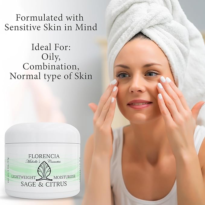 Florencia Sage & Citrus Lightweight Moisturizer - Fast-Absorbing, Hydrating, Nutrient Enhanced Face Cream for Sensitive, Oily, Combination Skin.