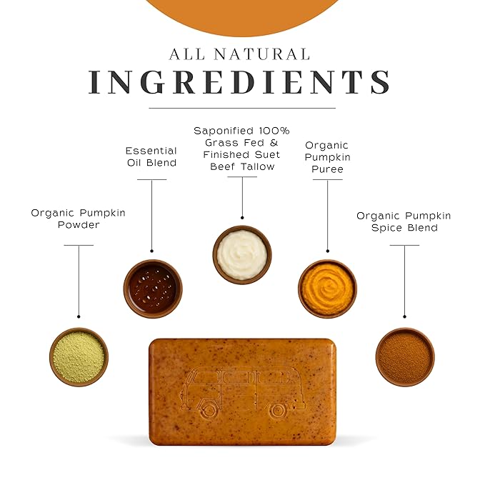 VanMan Pumpkin Spice Body Soap - Grass Fed Finished Suet Beef Tallow & Pumpkin Puree - Nourishing, Hydrating & Moisturizing Natural Bar Soap with Essential Oils - Autumn Scent - 3.8 oz Bar (1 Pack)