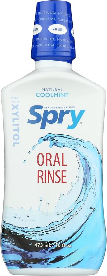 Spry Natural Xylitol Mouthwash Fluoride Free with Enamel Support, Gentle Alcohol Oral Rinse, Non-GMO, Coolmint - 16 fl oz (Pack of 1)