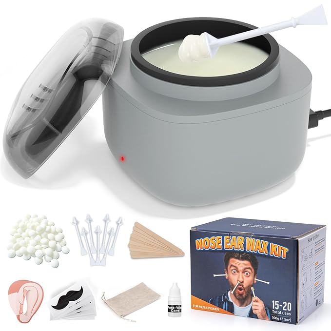 Nose Wax Kit Men, Nose Hair Waxing Kit with 100g Wax, 40 Sticks, Ear Hair Removal for Men, USB Fast Heat, Smart Constant Temp, Upgraded Size, Multi-Accessories, Gray