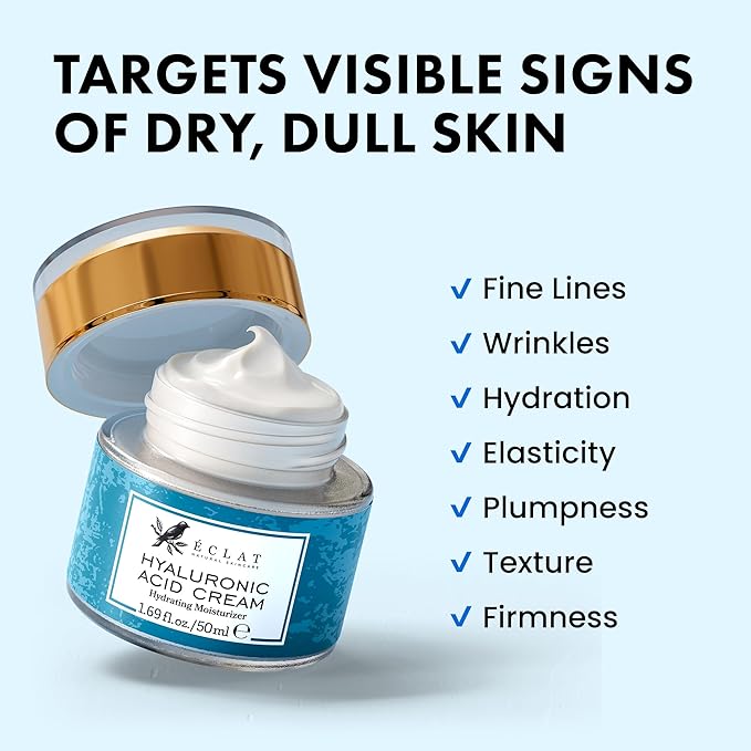 Eclat Skincare Hyaluronic Acid Cream – Hydrating Moisturizer with Ceramides & Vitamin B5 - Hyaluronic Acid Moisturizer for Soothing Dull & Dry Skin - Anti Aging Face Cream for Women and Men 50 ml