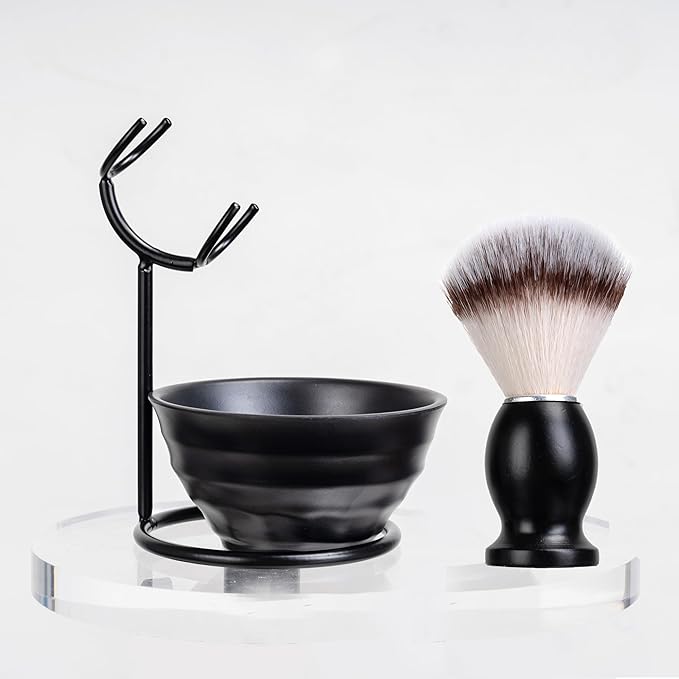 Shaving Brush Set for Men, 3in1 Shaving Set includes Synthetic Shaving Brush with Steel Stand and Resin Bowl (3pcs)