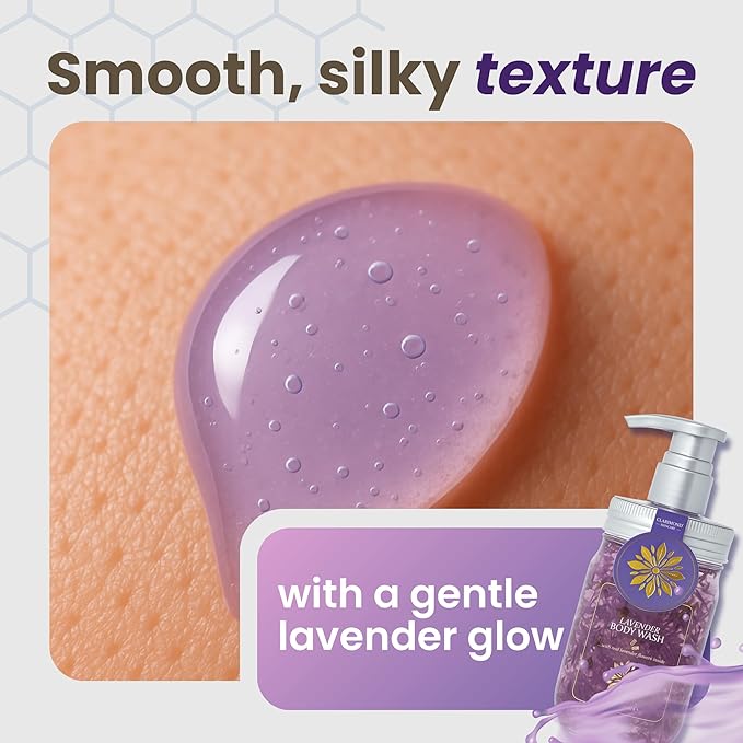 Lavender Body Wash – Sulfate Free Hydrating Shower Gel with Aloe Vera & Real Lavender Petals, Moisturizing Body Wash for Sensitive & Dry Skin, Calming Aromatherapy Cleanser, 10.14 fl oz Pump