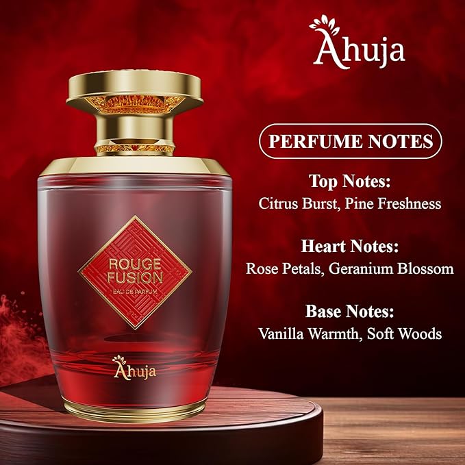 AHUJA Rouge Fusion Unisex Eau De Parfum (3.4 fl oz) — Long Lasting Cologne for Men & Women — Bold Citrus, Vanilla, Rose, Pine & Geranium Notes — Luxurious Gift Fragrance for All Occasions