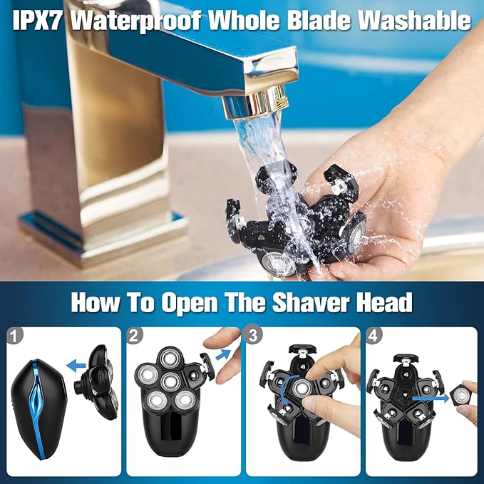 Head Shaver for Bald Men, 6-in-1 Electric Shaver for Bald Head 6D Wet/Dry Waterproof Mens Electric Razor Head Shavers with Grooming Kit Cordless Rechargeable Face Head Shaving Rotary Shavers Blue