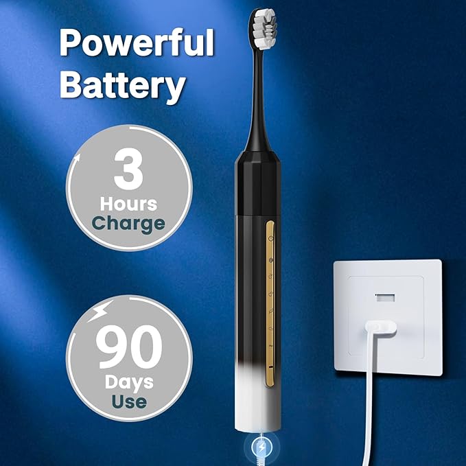 Sonic Electric Toothbrush with 10 Brush Heads for Adults and Children, Up to 90 Days on a Single Charge,5 Modes,Built-in 2-Minute Smart Timer, IPX8 Waterproof Electric Toothbrush (Black White)