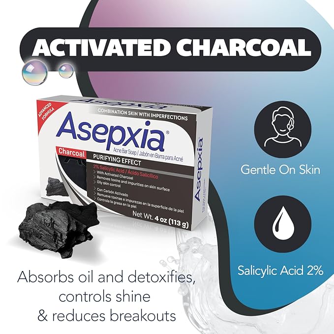 Asepxia Salicylic Acid & Activated Charcoal Bar Soap | Acne Treatment, Reduces Pimples & Blemishes, Deep Cleansing Facial Cleanser, Dries Out Acne, Prevents Breakouts, Face wash, 4 Oz, 2-Pack
