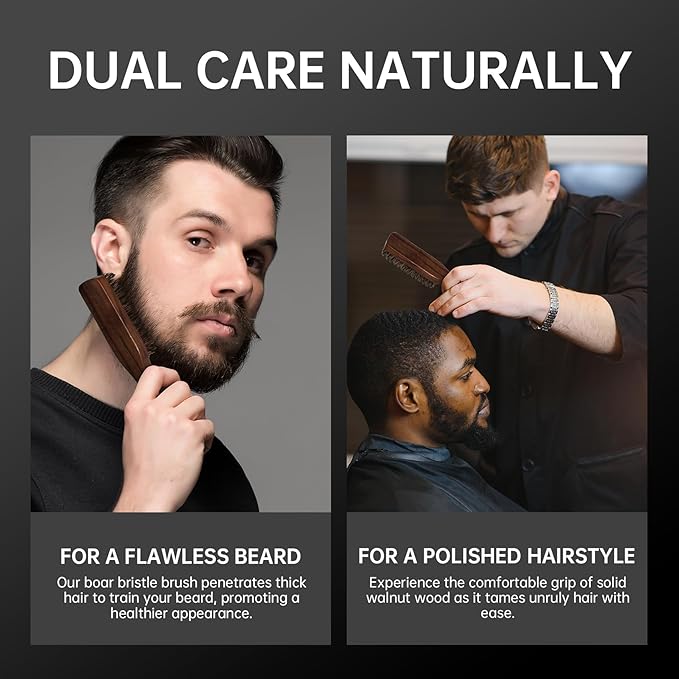 Boar Bristle Beard Brush for Men - Wooden Beard Brush and Slick Back Hair Brush with Metal Comb Keychain, Perfect for Home and Travel Use - Regular