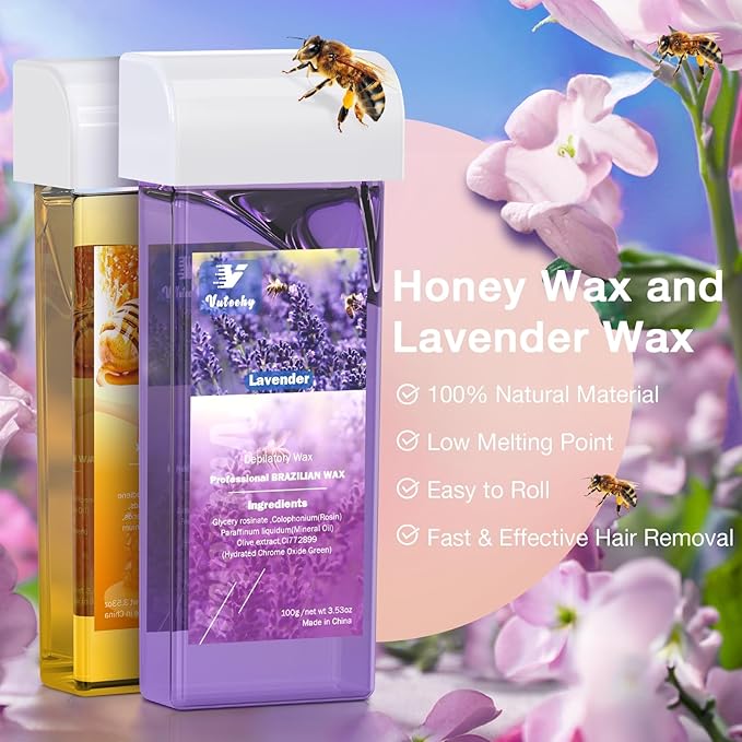 Roll on Wax Kit, Roll on Waxing Kit for hair removal, Wax Roller Kit for All Skin Types, Waxing Kit for Women, with 2 Cartridges & 50 Pcs Strips
