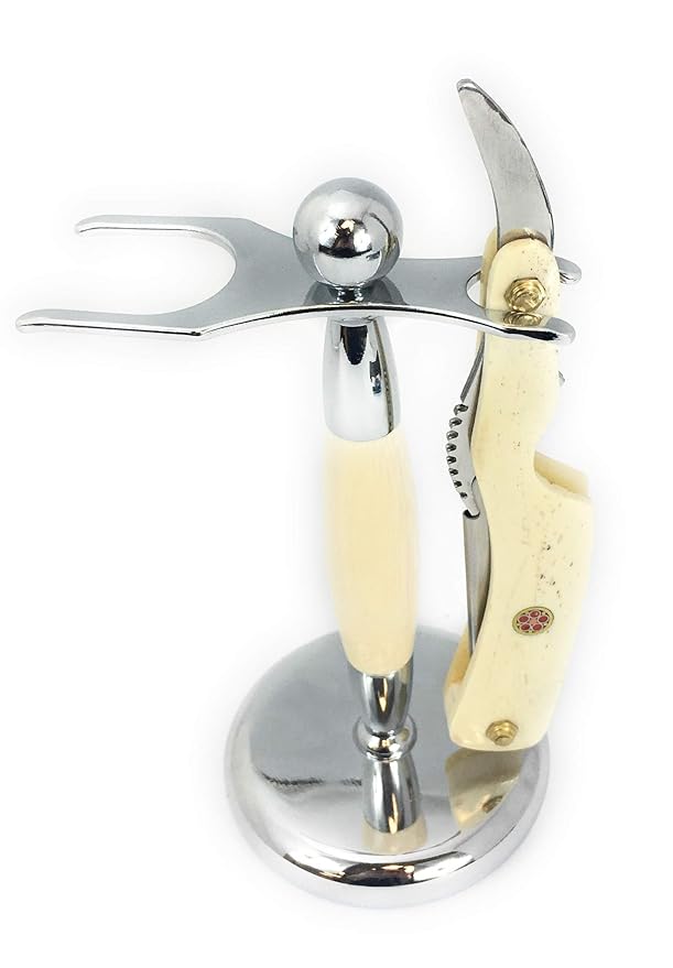 GBS Classic Straight Edge Razor Barber Shavette + Brush and Razor Stand - Ivory Horn Handle - Gold Accents + 10 Blades Men's Manual Shaver Excellent Locking Safety Mechanism