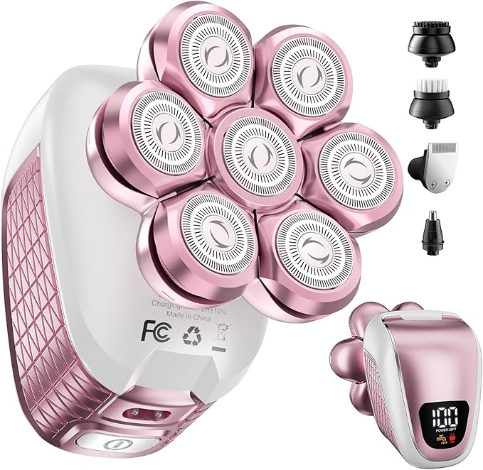 Electric Razors for Women Legs: 5-in-1 Electric Shaver with 7D Head - IPX6 Waterproof Wet Dry Hair Remover with LED Display & Travel Lock for Face Bikini (White Pink)