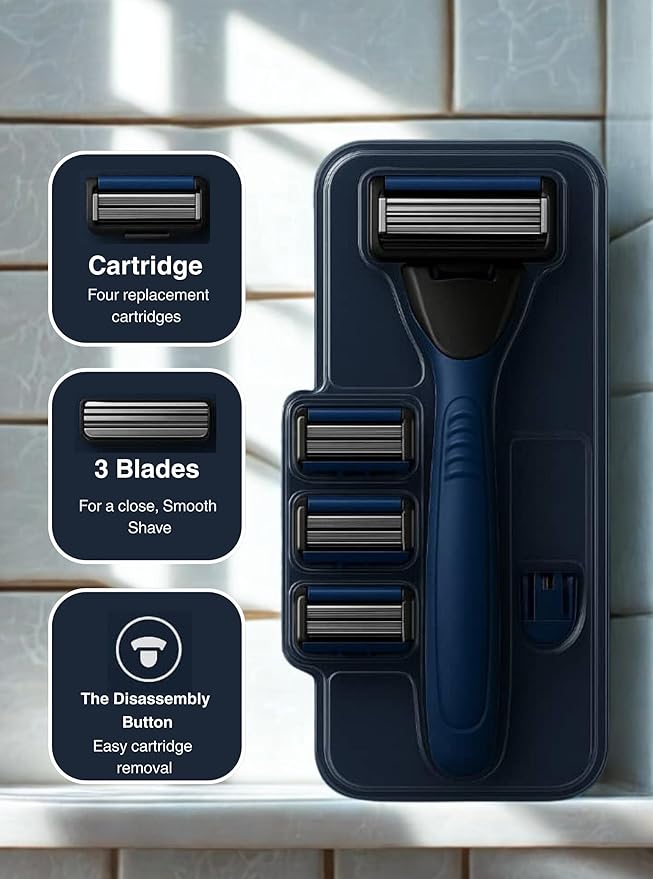 Men’s Razor System – Pivoting Triple-Blade Handle with Aloe Lubricating Strip, Nano-Coated Blades, Anti-Slip Grip + 4 Replacement Cartridges