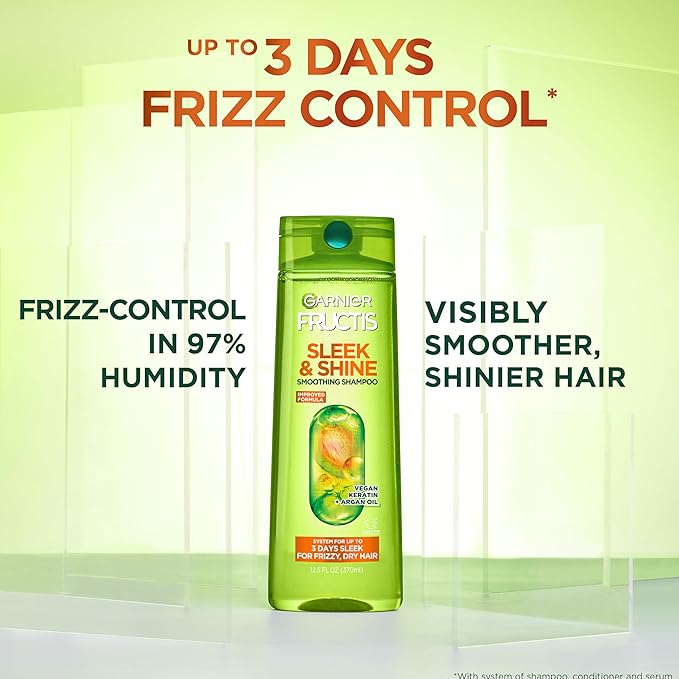 Garnier Fructis Sleek & Shine Shampoo, Smoothing Shampoo for Frizzy, Dry Hair with Argan Oil and Vegan Keratin, 33.8 Fl Oz (Packaging May Vary)