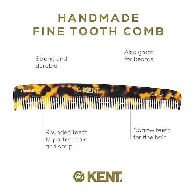 Kent F3T TY Fine Tooth Comb - Hair Parting and Straightening Comb for Men's & Women's Dandruff Remover, Saw Cut and Hand Polished Made in England