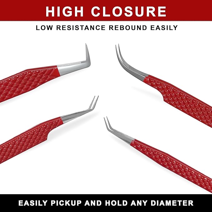 Lash Tweezers - Stainless Steel Fiber Tip Eyelash Tweezers (Set of 4) - Diamond Grip Professional Lash Tweezers for Eyelash Extensions (Red)
