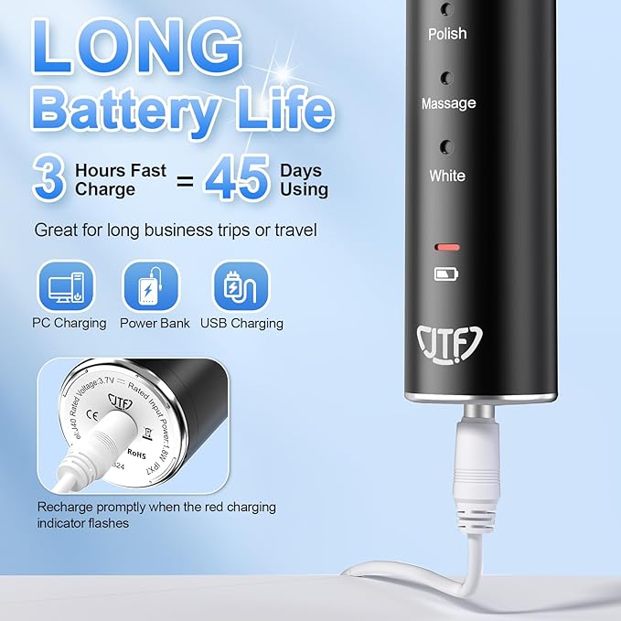 JTF Sonic Electric Toothbrush for Adults: 6 Brush Heads, Travel Bag, Tongue Scraper, 5 Brushing Modes for Teeth, Smart Timer and IPX7 Waterproof, Rechargeable Toothbrush for Deep Cleaning & Whitening