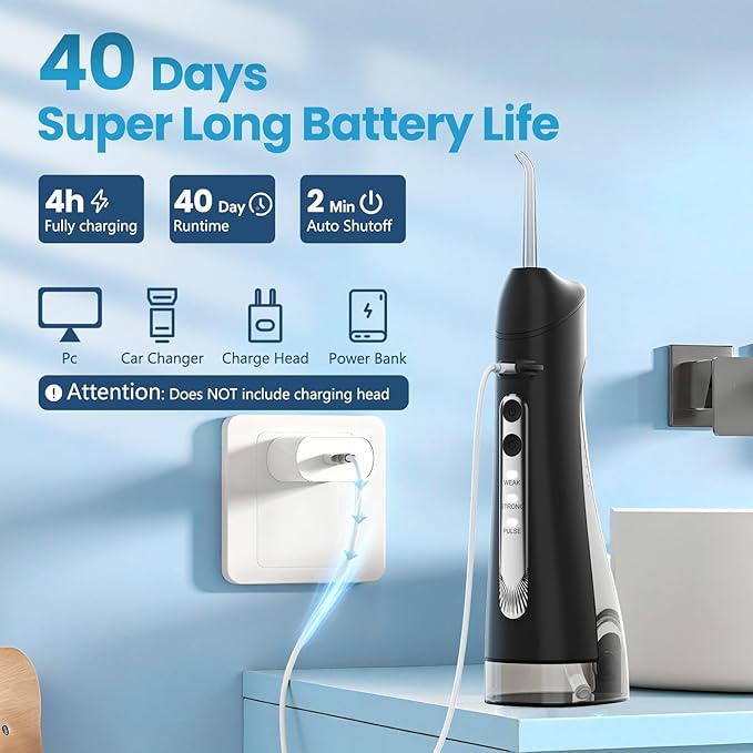 Water Flosser, Water Dental Flosser Pick for Teeth, IPX7 Waterproof Oral Irrigator, 3 Modes 4 Replaceable Jet Tips, Professional Flossing Cleaning Picks for Home Travel Gums, Braces Care (Black)
