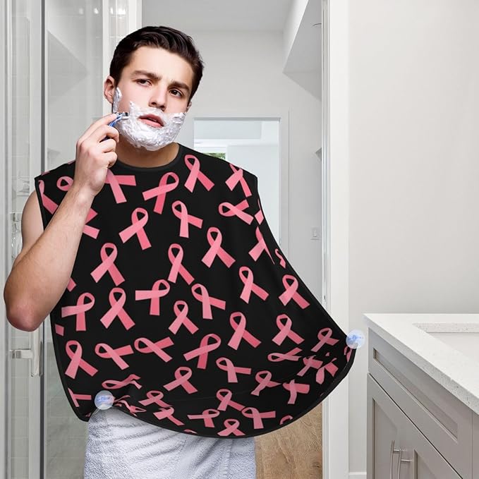 Beard Apron Hair Catcher, Breast Cancer Awareness Ribbons Pink Shave Bib, Waterproof Non-Stick Shaving Bib, Trimming Grooming Tool for Dad Men Anniversary