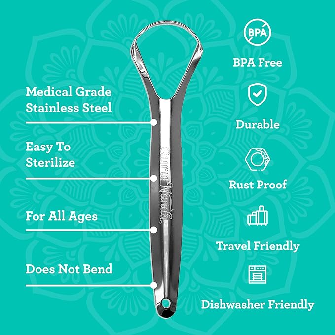 GuruNanda Tongue Scraper for Adults (4 Pack) with Travel Case, 420 Medical-Grade 100% Stainless Steel Tongue Cleaner, Aids in Fresh Breath & Oral Care