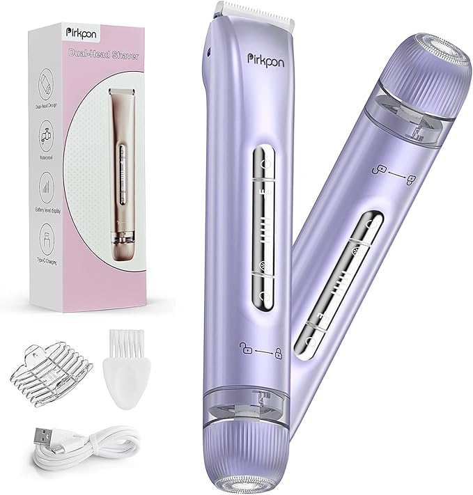 Bikini Trimmer for Women, Painless Electric Shaver with 2 in 1 Dual Head, Waterproof Wet & Dry Pubic Hair Remover, Rechargeable Bikini Razors for Face Body Underarm,Easy Cleaning & Travel-Friendly