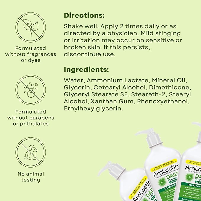 AmLactin Daily Nourish Therapeutic Body Lotion for Dry Skin - No-Scrub Exfoliator and Moisturizer - AmLactin 12% Lactic Acid Lotion, 7.9 oz (Packaging May Vary)