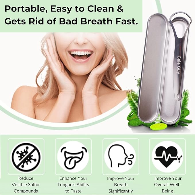 Stainless Steel Tongue Scraper (2-Pack w/ 2 Steel Travel Cases Included), Tongue Cleaners Reduce Bad Breath, 100% Metal Tongue Scrapers with Metal Cases (Plastic-Free)