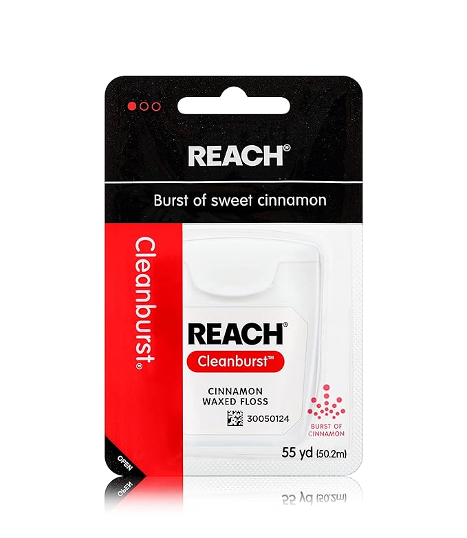REACH Waxed Dental Floss, Cinnamon, Plaque Remover for Teeth, Shred Resistant, Floss Slides Smoothly, Easy to Use, Waxed, Deep Cleaning Teeth, Oral Care, PFAS Free, for Adults & Kids, 1 Pack, 55 yd