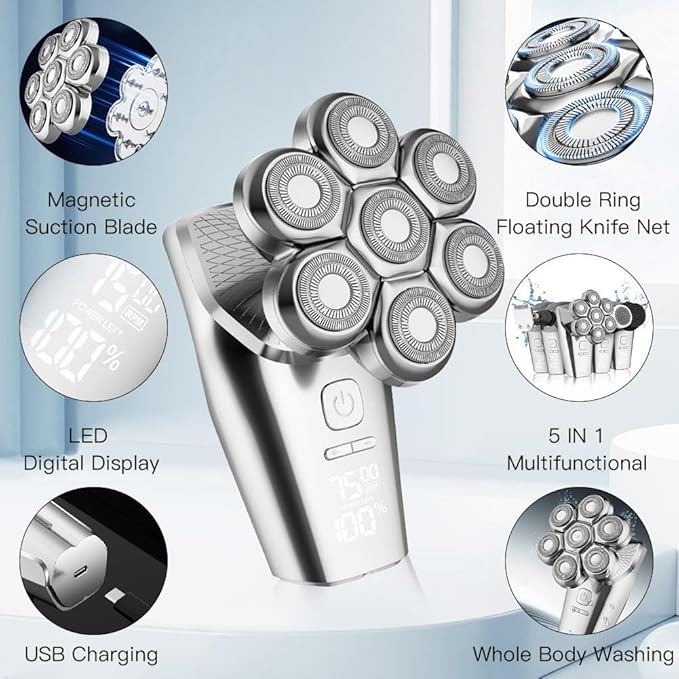 Head Shavers for Bald Men Electric Razor Detachable 7D Head Rotary Shavers, Nose Ear Face Body Hair Trimmer with Clippers IPX8 Waterproof Dry Wet Cordless Rechargeable Grooming Shaver