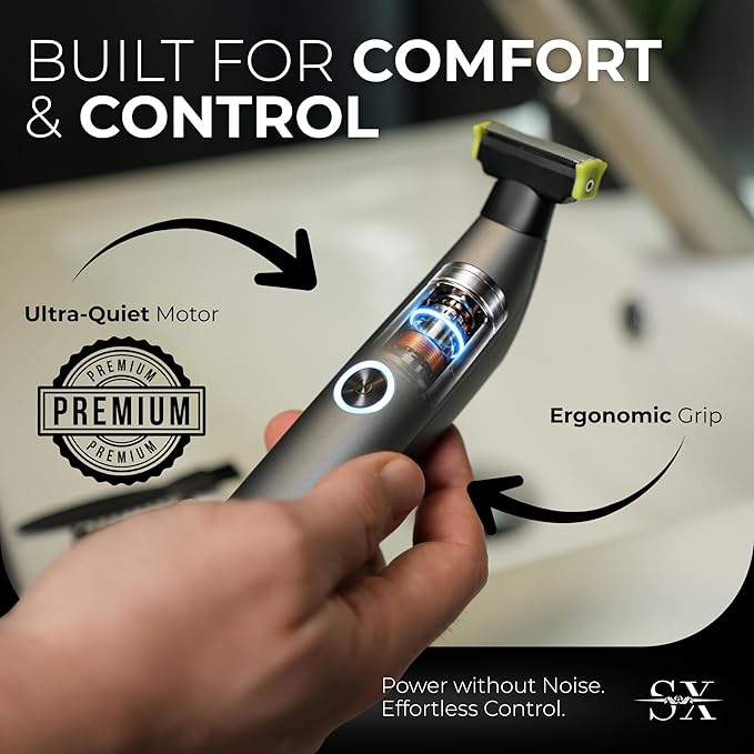 SX-PRO Body Hair Trimmer & Electric Razor for Men | Skin-Safe Razor Blades for Sensitive Areas | Pubic Hair, Chest, Legs, Bikini & Full Body Shaver, Rechargeable Waterproof | Silver