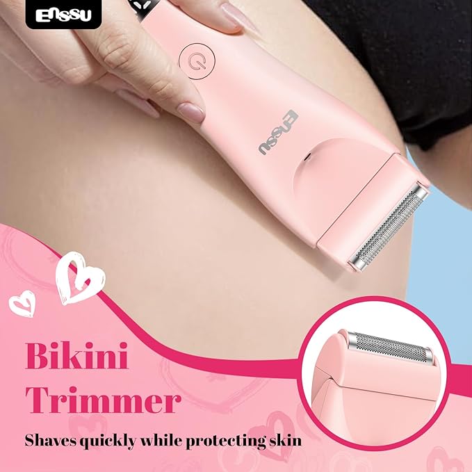 Bikini Trimmer for Women - 2 in 1 Pubic Hair Trimmer IPX7 Waterproof, Razors for Women with LED Light & USB Charge, Painless Electric Shaver with Ceramic Blade for Bikini Legs Arm Underarm