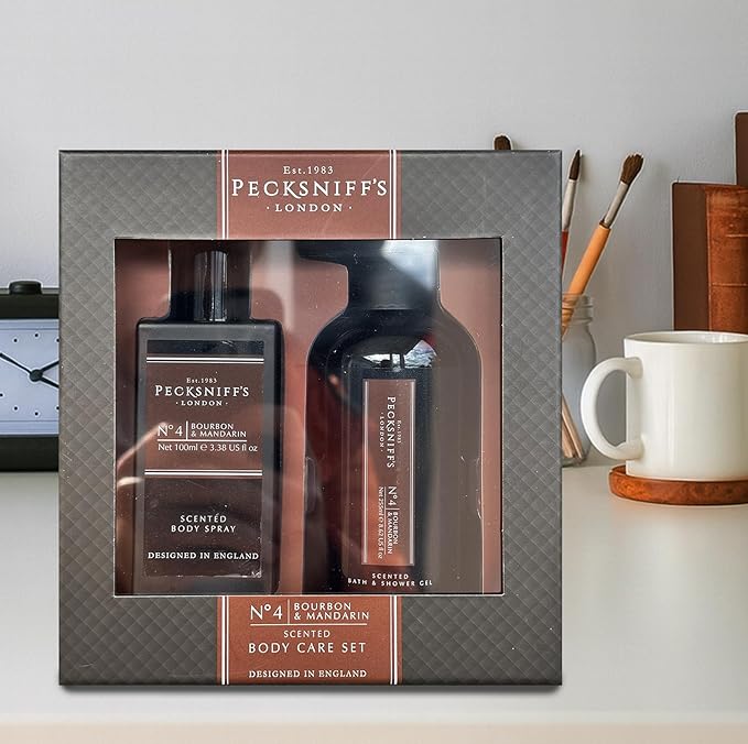 Pecksniff’s Men’s Body Duo Set – Bourbon & Mandarin Scented Bath & Shower Gel 250ml & Body Spray 100ml – Luxury Grooming Gift Set for Him