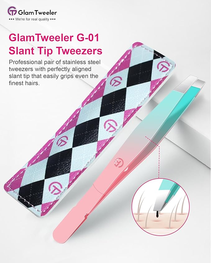 Exclusive G-01 Slant Tip Tweezers, GlamTweeler High Precison Expert Eyebrow and Facial Hair Removal Tweezer with Leather Storage & Carrying Case