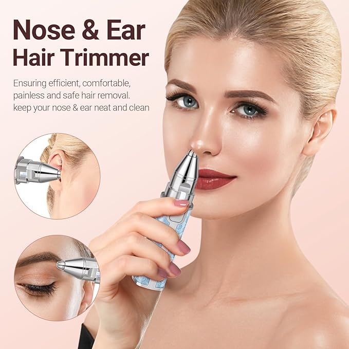 Facial Hair Removal for Women: 2-in-1 Rechargeable Nose Hair & Eyebrow Trimmer, Face Shaver with Built-in LED Light for Removing Chin, Upper and Lower Lip Area Peach Fuzz