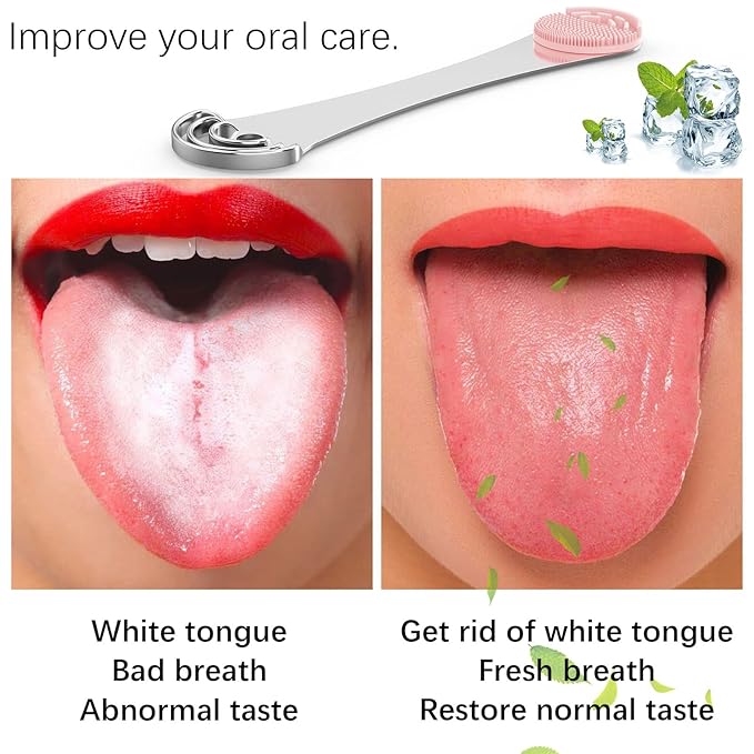 MOOSEC Tongue Scraper for Adults&Kids, Durable Food Grade 2 in 1 Silicone Tongue Brush and 100% Stainless Steel Tongue Scrapers, Reduce Bad Breath